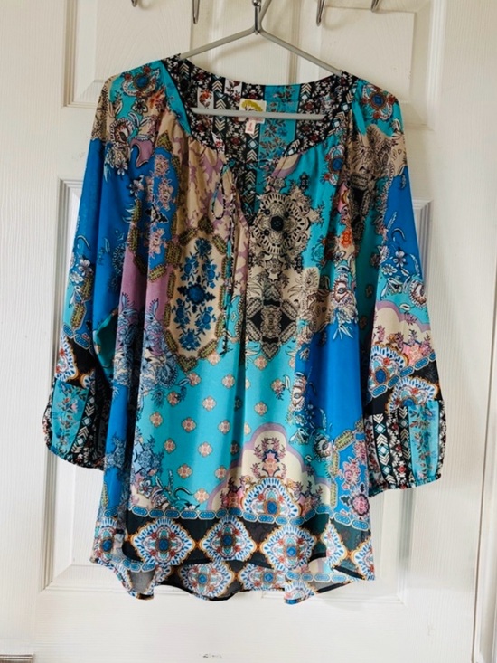 fig and flower Tops - fig and flower Turquoise/Blue Printed Peasant‎ Semi Sheer Balloons Sleeve Blouse
